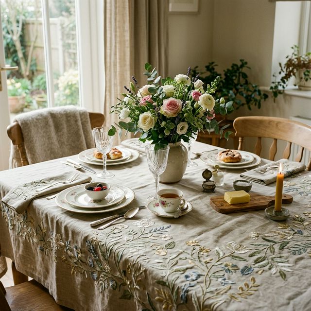 Mesa decorada con mantelería de lino fino